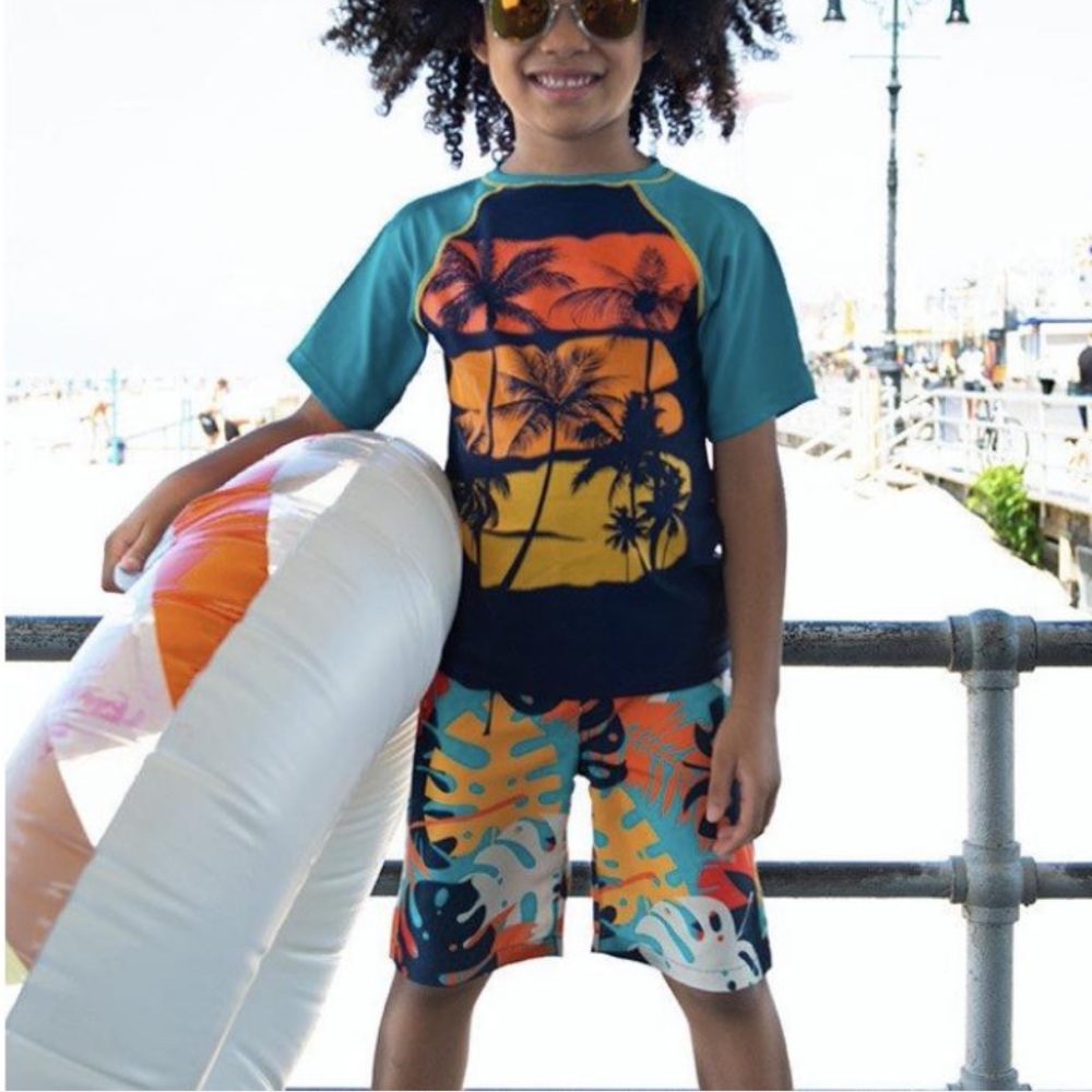 Appaman Boys Palm Tree Short Sleeve Rash Guard & Boardshorts Swim Trunks Bottoms